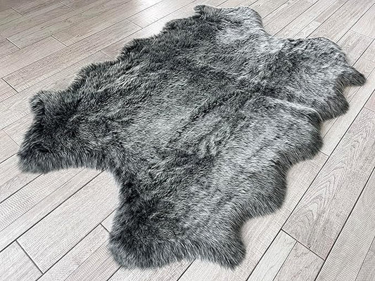 Free Shape Luxury Soft Fluffy Shag Area Rug Single Quarto 4 Pelts 4'x6',120x180 cm - Vegan Fur Ultra Soft Indoor Carpet Nursery Rugs for Bedroom Home Decor, Black with White Tips