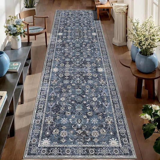 Tangsoo 2.6x10 Washable Runner Rug for Hallway Non Slip, Boho Floral Vintage Carpet Long Runner Rugs for Entryway Kitchen, Floor Low Pile Runners for Laundry Bedroom Alfombra Blue Black Farmhouse