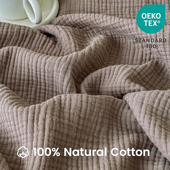 FALUCA Cotton Muslin Reversible Blanket 50x60 Inches for Bed, Couch, Four Layers Blanket, Soft Lightweight Cozy Breathable Farmhouse Decoration for All-Season, Brown