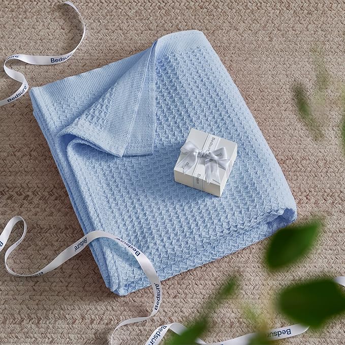 Bedsure Gentlesoft 100% Cotton Blanket Twin XL Size for College Dorm - Breathable and Soft, Waffle Weave Twin Blanket for Summer, Dorm Room Essentials, Sky Blue, 66x90 inches