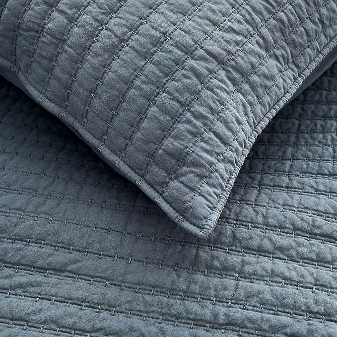 WDCOZY 100% Cotton Twin Size Quilt Set - Blue Striped Pick Stitch Soft Lightweight Bedspread, Textured Like Linen, Farmhouse Country Rustic Coverlet, Shabby Chic Gauze Bedding, 2 Pieces