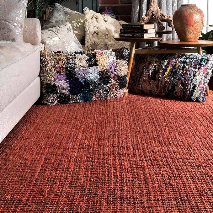 nuLOOM 5x8 Daniela Jute Tassel Hand Woven Area Rug, Brick, Solid Chunky Farmhouse Design, Natural Fiber, For Bedroom, Dining Room, Living Room, Hallway, Office, Entryway
