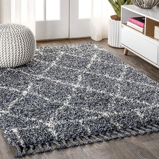 JONATHAN Y Mercer Shag Plush Tassel Blue/Cream Indoor Area Rug, 8x10, Moroccan Geometric Trellis, Easy-Cleaning for Living Room, Bedroom, Kitchen, Pet Friendly, Non-Shedding (MCR101A-8)