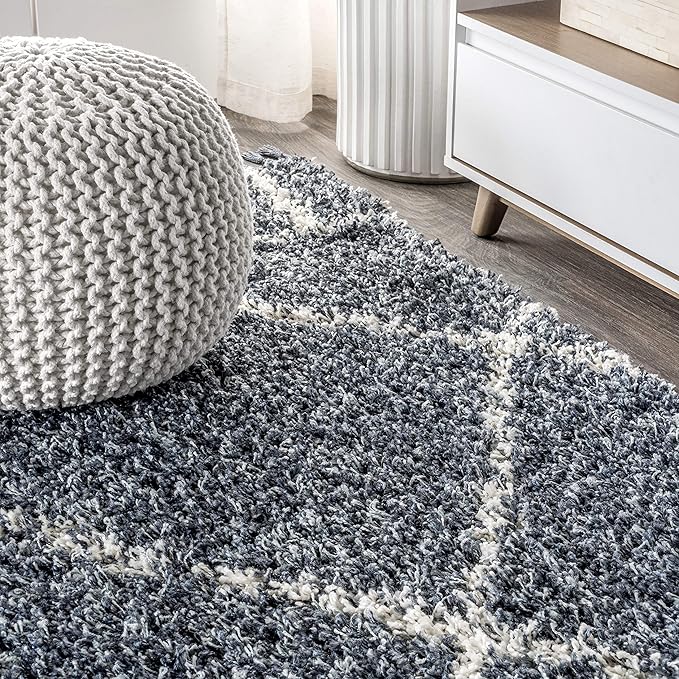 JONATHAN Y Mercer Shag Plush Tassel Blue/Cream Indoor Area Rug, 5x8, Moroccan Geometric Trellis, Easy-Cleaning for Living Room, Bedroom, Kitchen, Pet Friendly, Non-Shedding (MCR101A-5)