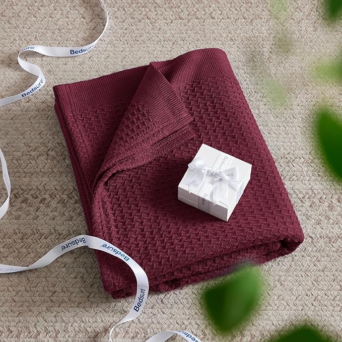 Bedsure Gentlesoft 100% Cotton Blanket King Size for Bed - Breathable and Soft, Thick Cozy Waffle Weave Christmas Blanket Gift for Women, Red, 104x90 inches