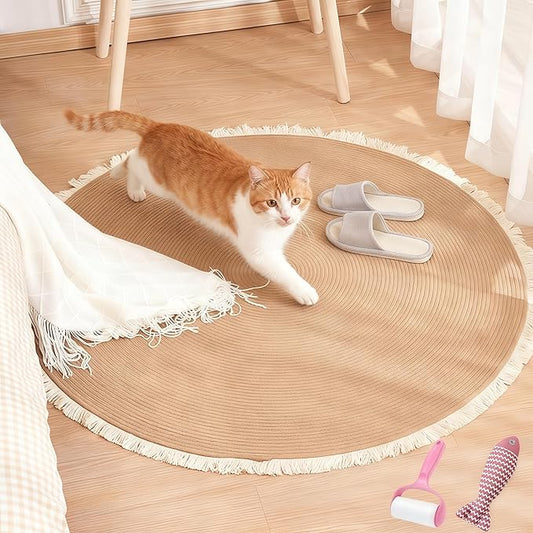 Cotton Rope Area Rug for Cats, Cat Scratching Rug, Washable Round Vintage Reversible Woven Tassel Rug, Soft and Stylish Home Accent, Easy Clean, Multiple Sizes (Coffee, 24" (60cm))