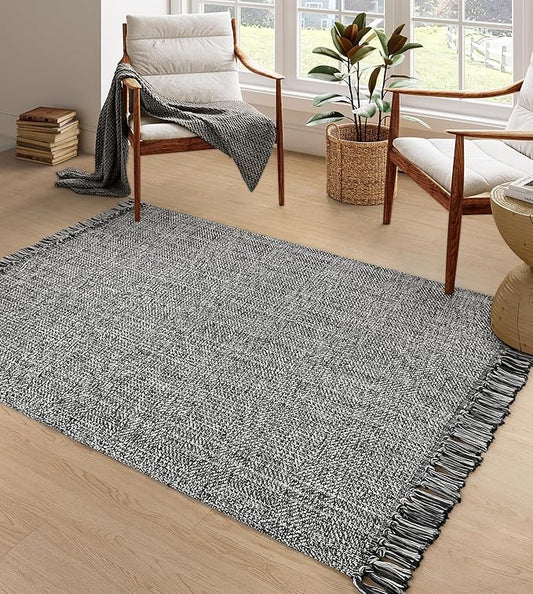 Collive Comfy Area Rug 4' x 6', Grey/Cream Woven Cotton Bedroom Rugs, Modern Indoor Accent Rug Floor Carpet with Tassel for Living Room, Nursery Room, Dining Room, Bedside, Office, Patio Decor
