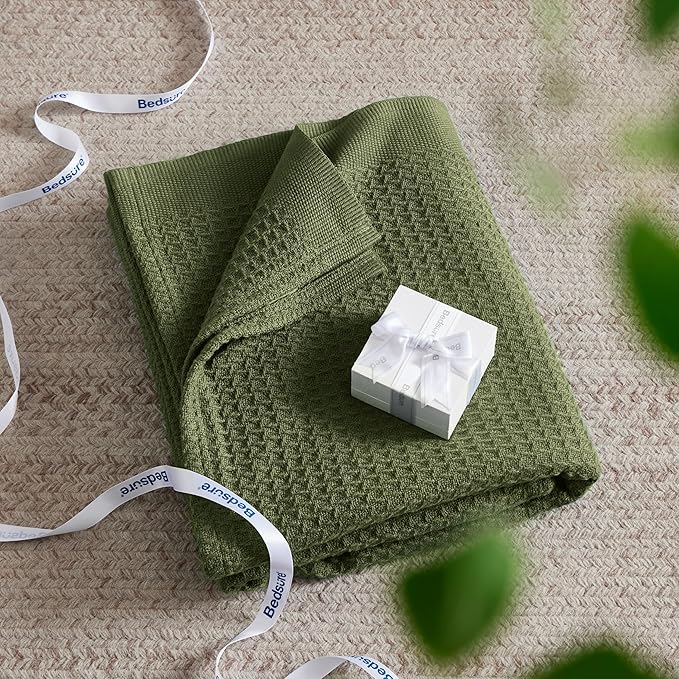 Bedsure Gentlesoft 100% Cotton Blanket Queen Size for Bed - Breathable and Soft, Thick Cozy Waffle Weave Christmas Blanket Gift for Women, Olive Green, 90x90 Inches