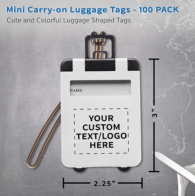 100 Mini Carry-on Luggage Tags Pack - Customizable Text, Logo - Flip Open Cover, ID Sticker - White