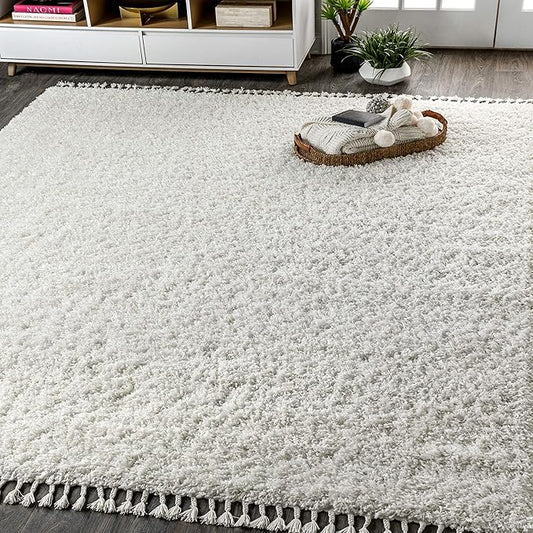 JONATHAN Y Mercer Shag Plush Tassel White Indoor Area Rug, 5x8, Contemporary, Modern, Easy-Cleaning for Living Room, Bedroom, Kitchen, Pet Friendly, Non-Shedding (MCR100A-5)