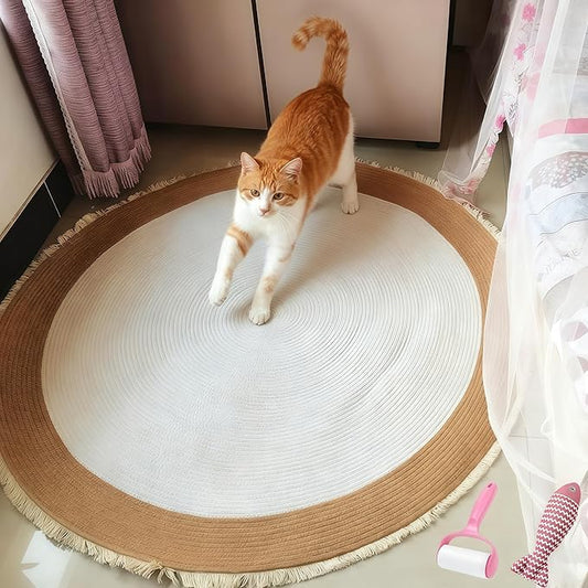 Cotton Rope Area Rug for Cats, Cat Scratching Rug, Washable Round Vintage Reversible Woven Tassel Rug, Soft and Stylish Home Accent, Easy Clean, Multiple Sizes (Off-White, 24" (60cm))