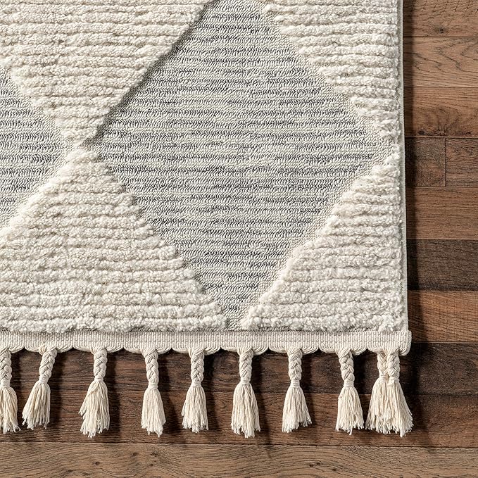 Nuloom Marissa Off-White/Grey, 8'10" x 12', Diamond, Tassel, Soft and Cozy, High Traffic, Stain Resistant, Easy Clean, Durable Area Rug for Bedroom, Living Room, Dining Space, Den, Foyer, Entryway