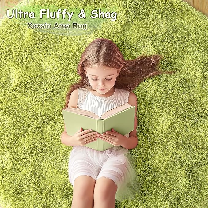 Round Fluffy for Bedroom Rugs, 4Ft Green Shag Circle Rug Non-Slip for Kids Girls Boys Bedroom Dorm Nursery Playroom, Soft Cute Area Rugs for Living Room Decor