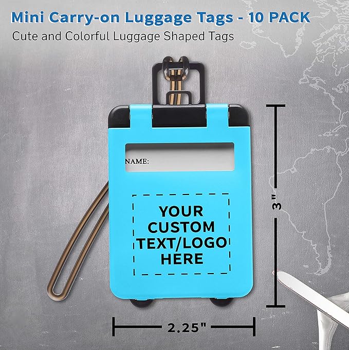 10 Mini Carry-on Luggage Tags Pack - Customizable Text, Logo - Flip Open Cover, ID Sticker - Light Blue