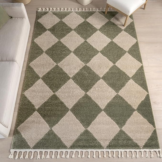 Nuloom Marissa Green/Ivory, 3' x 5', Diamond, Tassel, Soft and Cozy, High Traffic, Stain Resistant, Easy Clean, Durable Area Rug for Bedroom, Living Room, Dining Space, Den, Foyer, Entryway